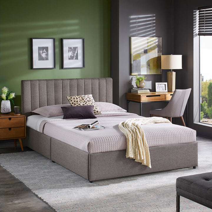 Grey Linen Upholstered Storage Platform Bed with Channel Headboard - Gray Linen, Queen