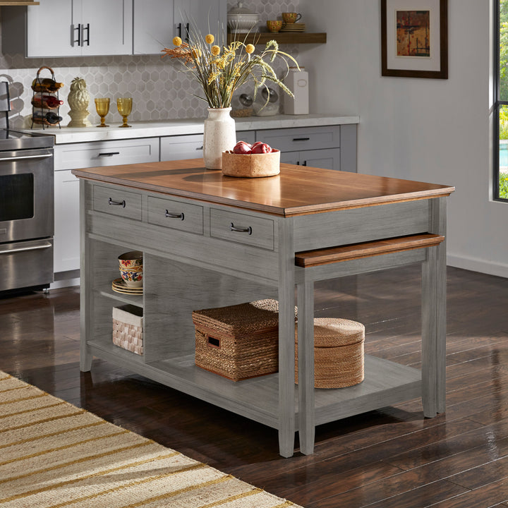Two-Tone Antique Finish Extendable Kitchen Island with 3 Drawers - Oak Finish Top with Antique Grey Base