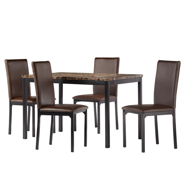 Faux Marble Top 5-Piece Dining Set - Brown Faux Marble, Brown Faux Leather