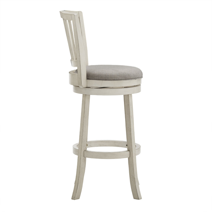 Slat Back Swivel Chair - 29" Bar Height, Antique White Finish, Gray Linen