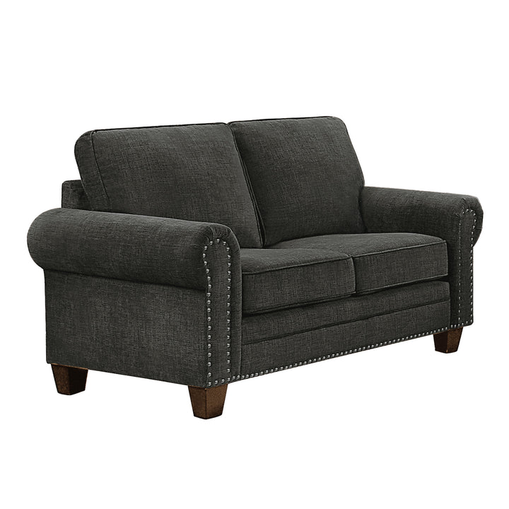 Dark Brown Finish Dark Grey Fabric Loveseat