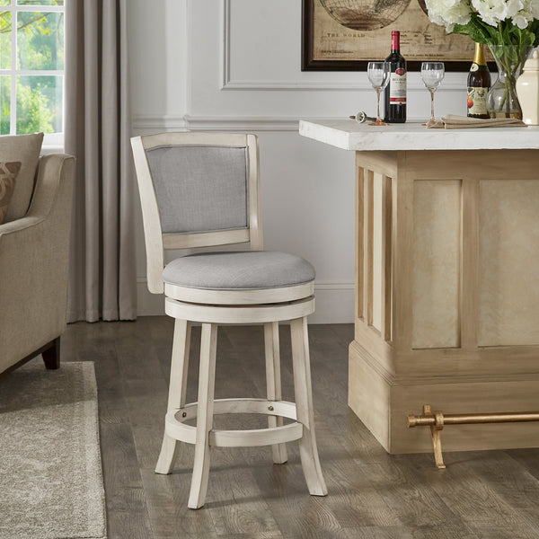 Upholstered Back Swivel Stool - 24" Counter Height, Antique White Finish, Grey Linen