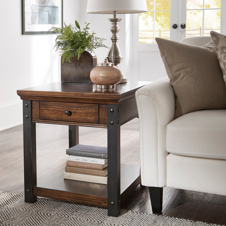 Wood Finish End Table with Built-In Outlets - Dark Cherry Finish