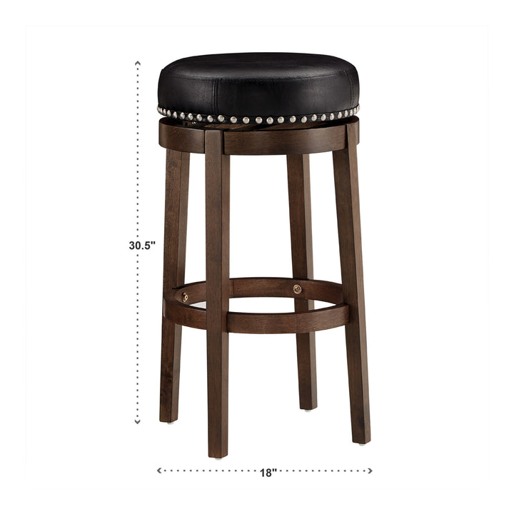 Set Of 2, Brown Finish Black Pu 29" Swivel Bar Height Stool - Black Faux Leather, Bar Height - Black Faux Leather, Bar Height
