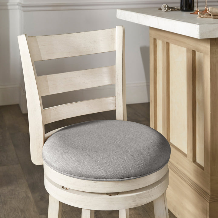 Ladder Back 24"H Swivel Counter Height Stool - Antique White Finish, Grey Linen