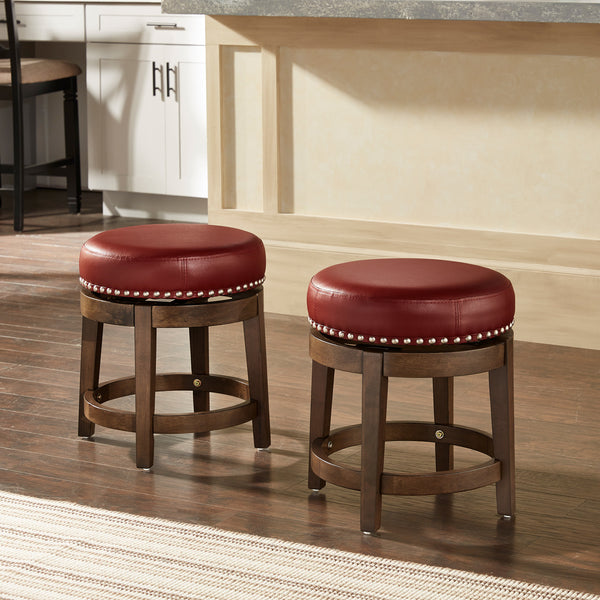 Set Of 2, Brown Finish Red Pu 18" Swivel Stool - Red Faux Leather, Dining Height - Red Faux Leather, Dining Height