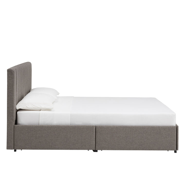 Grey Linen Upholstered Storage Platform Bed with Channel Headboard - Gray Linen, Queen