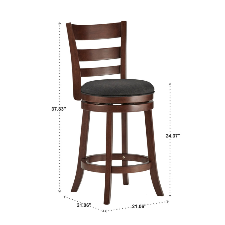 Ladder Back 24"H Swivel Counter Height Stool - Dark Cherry Finish, Dark Grey Linen
