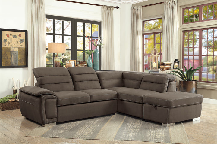 3-Piece Sectional with Adjustable Headrests, Pull-out Bed and Right Chaise with Storage Ottoman