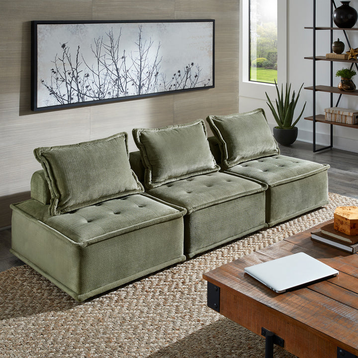 Velvet Tufted Modular Sofa with Pillow Back - Moss Green