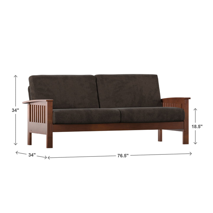 Mission-Style Wood Sofa - Dark Brown Fabric, Oak Finish