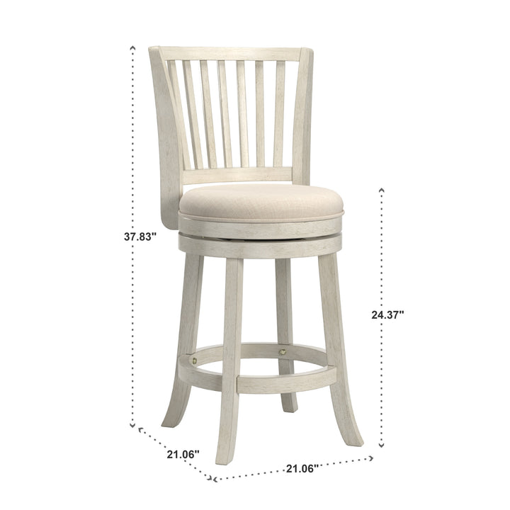 Slat Back Swivel Chair - 24" Counter Height, Antique White Finish, Beige Linen
