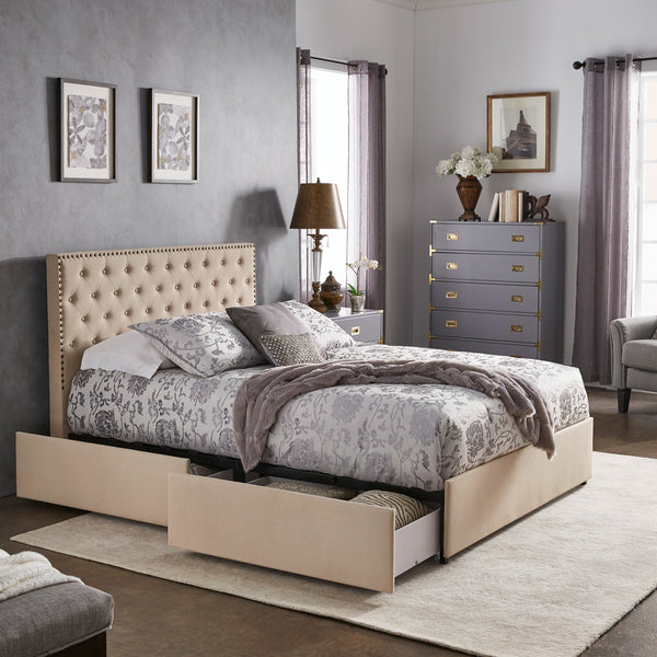 Nailhead Linen Headboard Storage Platform Bed - Beige Linen, Queen