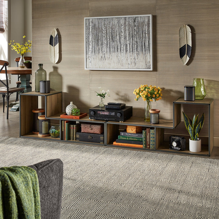 Natural Finish TV Stand with Silver Gray Metal Frame