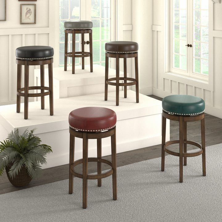 Set Of 2, Brown Finish Red Pu 29" Swivel Bar Height Stool - Red Faux Leather, Bar Height - Red Faux Leather, Bar Height