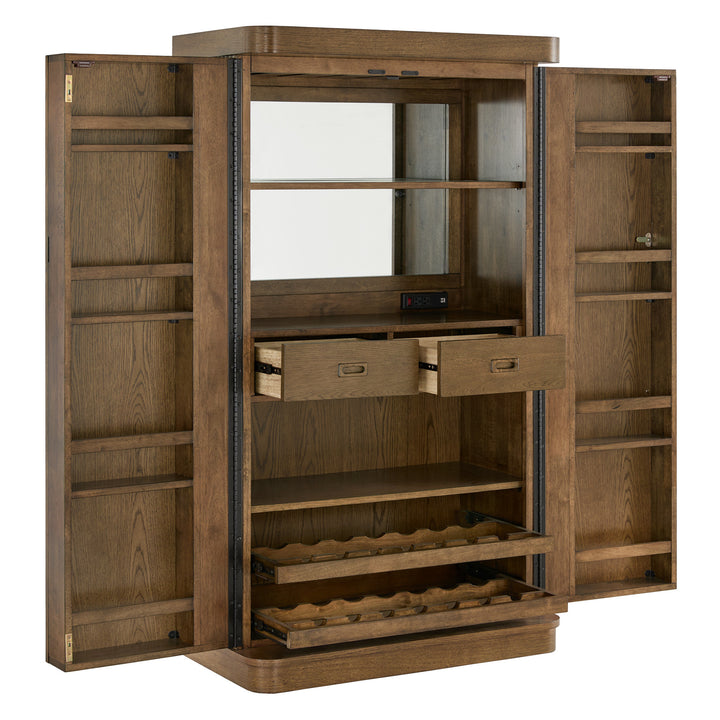 Bar Wine Storage Cabinet with Keys and LED Lights - Walnut Finish