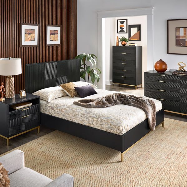 Carved Chevron Bedroom Set - 5-piece Set, Queen Bed, Dresser with Mirror, 2 Nightstands