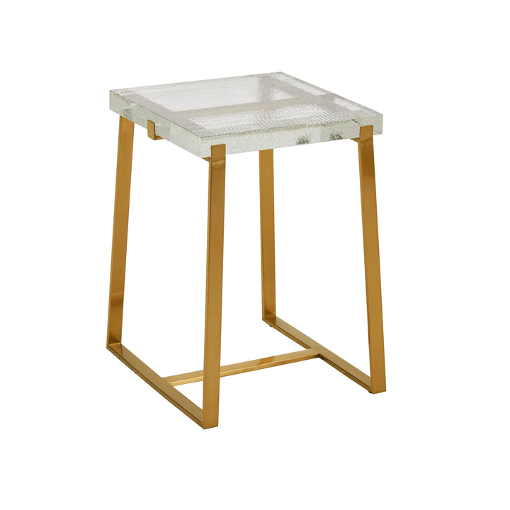 Stainless Steel Cast Glass Top Table - Brass Finish, Square End Table