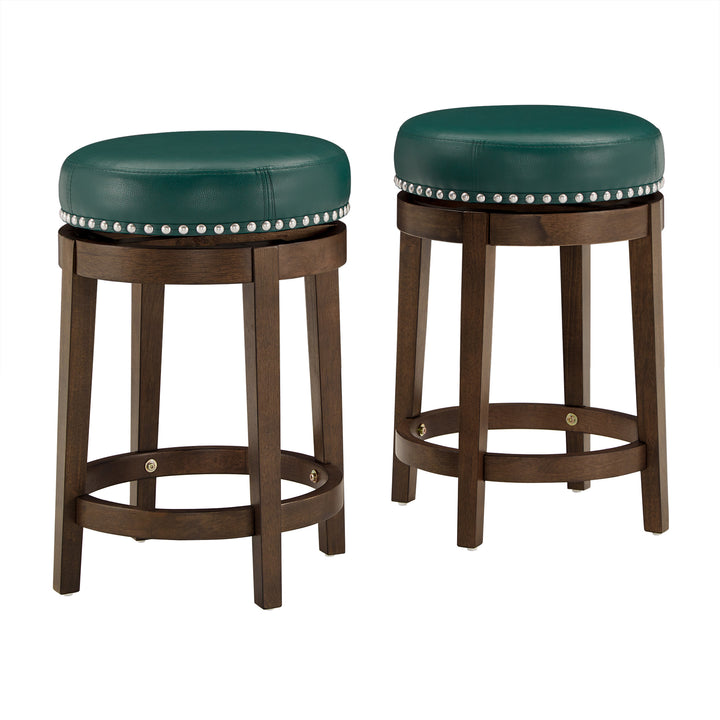 Set Of 2, Brown Finish Green Pu 24" Swivel Counter Height Stool - Green Faux Leather, Counter Height - Green Faux Leather, Counter Height