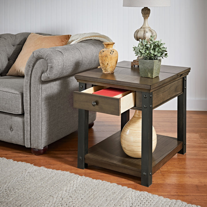 Wood Finish End Table with Built-In Outlets - Antique Grey