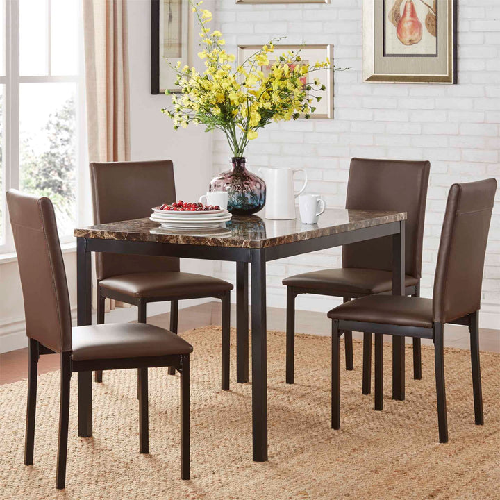 Faux Marble Top 5-Piece Dining Set - Brown Faux Marble, Brown Faux Leather