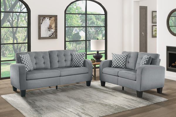 Black Finish Grey Fabric Loveseat With 2 Pillows